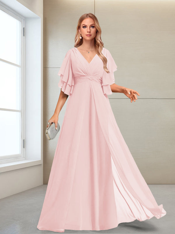 A-Line/Princess V-Neck Floor-Length Half Sleeves Mother of the Bride Dresses
