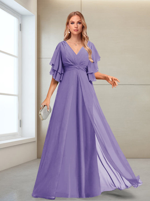 A-Line/Princess V-Neck Floor-Length Half Sleeves Mother of the Bride Dresses
