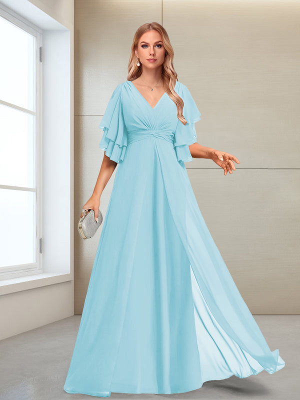 A-Line/Princess V-Neck Floor-Length Half Sleeves Mother of the Bride Dresses