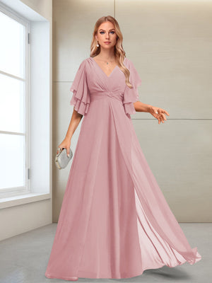 A-Line/Princess V-Neck Floor-Length Half Sleeves Mother of the Bride Dresses