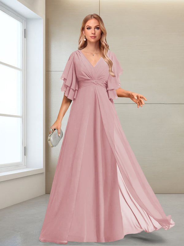 A-Line/Princess V-Neck Floor-Length Half Sleeves Mother of the Bride Dresses