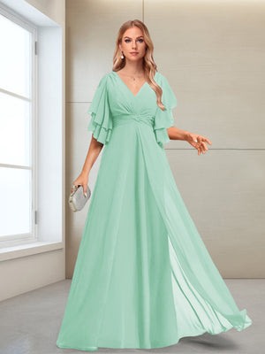 A-Line/Princess V-Neck Floor-Length Half Sleeves Mother of the Bride Dresses
