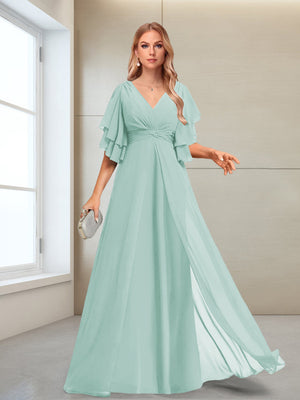 A-Line/Princess V-Neck Floor-Length Half Sleeves Mother of the Bride Dresses