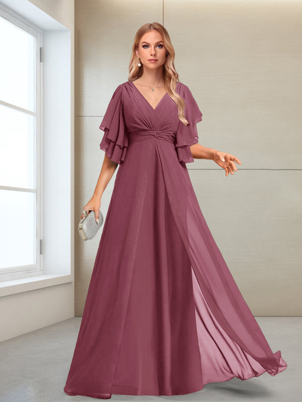 A-Line/Princess V-Neck Floor-Length Half Sleeves Mother of the Bride Dresses