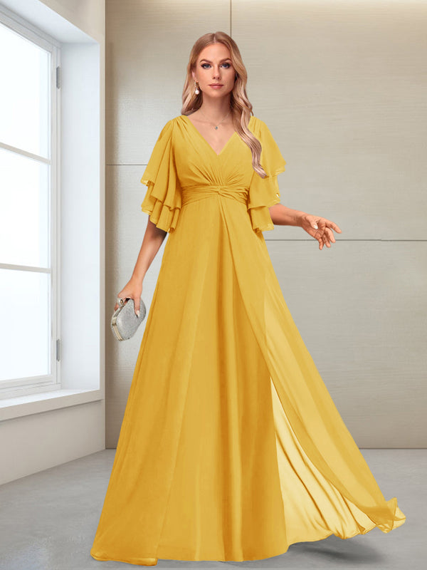 A-Line/Princess V-Neck Floor-Length Half Sleeves Mother of the Bride Dresses