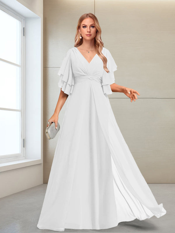 A-Line/Princess V-Neck Floor-Length Half Sleeves Mother of the Bride Dresses