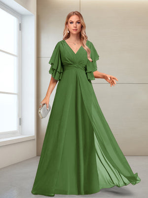 A-Line/Princess V-Neck Floor-Length Half Sleeves Mother of the Bride Dresses