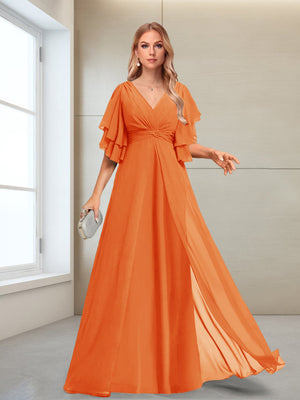 A-Line/Princess V-Neck Floor-Length Half Sleeves Mother of the Bride Dresses