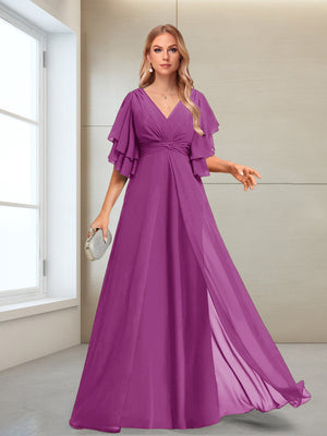 A-Line/Princess V-Neck Floor-Length Half Sleeves Mother of the Bride Dresses