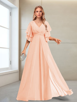 A-Line/Princess V-Neck Floor-Length Half Sleeves Mother of the Bride Dresses