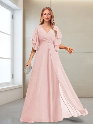A-Line/Princess V-Neck Floor-Length Half Sleeves Mother of the Bride Dresses