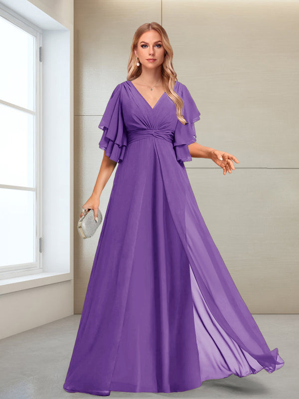 A-Line/Princess V-Neck Floor-Length Half Sleeves Mother of the Bride Dresses