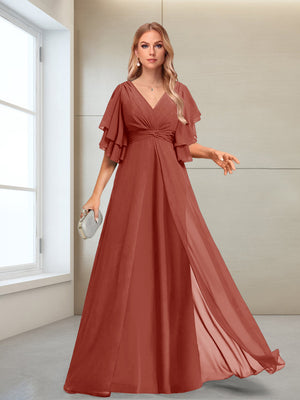 A-Line/Princess V-Neck Floor-Length Half Sleeves Mother of the Bride Dresses