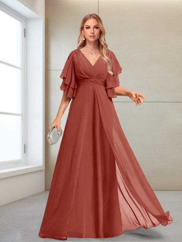 A-Line/Princess V-Neck Floor-Length Half Sleeves Mother of the Bride Dresses