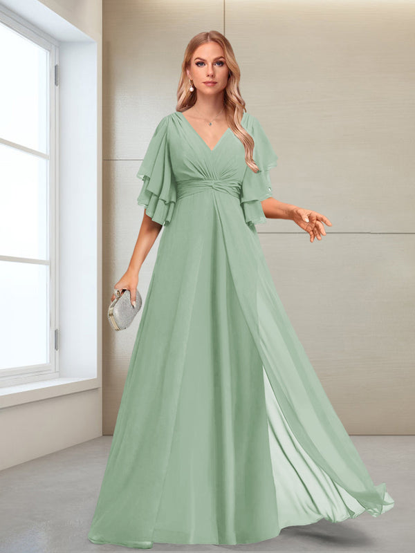 A-Line/Princess V-Neck Floor-Length Half Sleeves Mother of the Bride Dresses