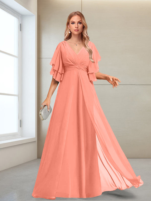 A-Line/Princess V-Neck Floor-Length Half Sleeves Mother of the Bride Dresses