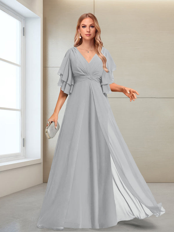 A-Line/Princess V-Neck Floor-Length Half Sleeves Mother of the Bride Dresses
