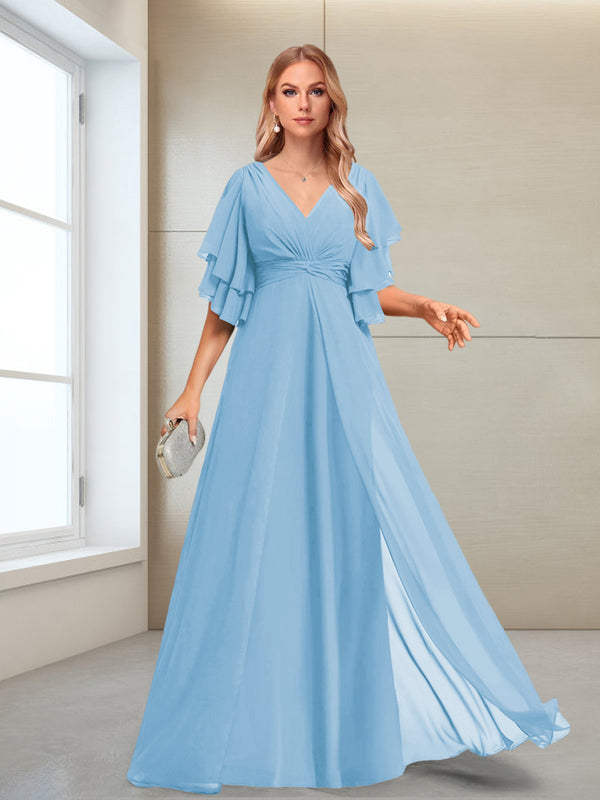 A-Line/Princess V-Neck Floor-Length Half Sleeves Mother of the Bride Dresses