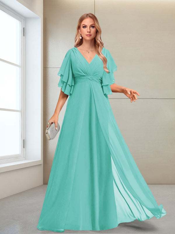 A-Line/Princess V-Neck Floor-Length Half Sleeves Mother of the Bride Dresses