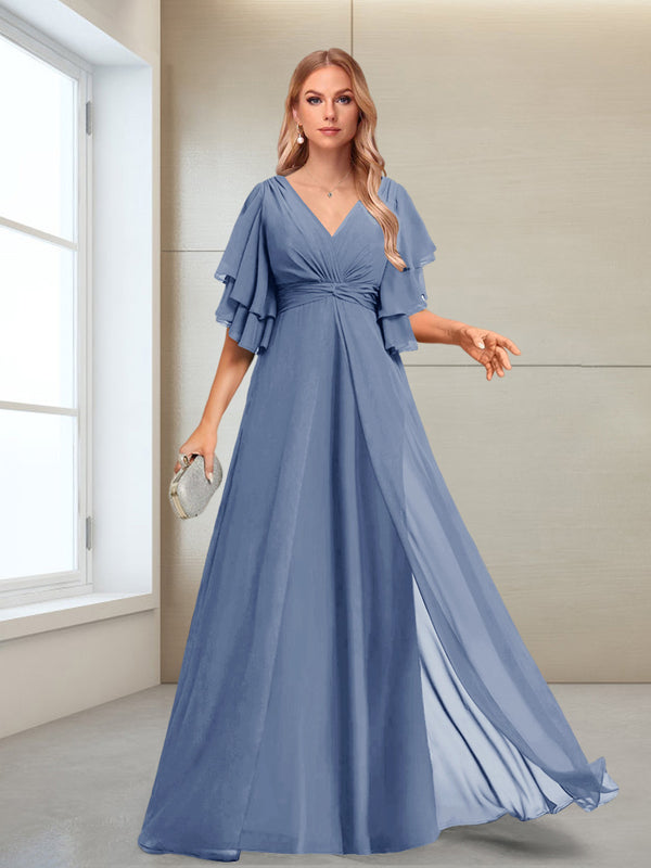 A-Line/Princess V-Neck Floor-Length Half Sleeves Mother of the Bride Dresses