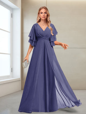 A-Line/Princess V-Neck Floor-Length Half Sleeves Mother of the Bride Dresses