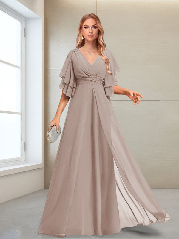 A-Line/Princess V-Neck Floor-Length Half Sleeves Mother of the Bride Dresses