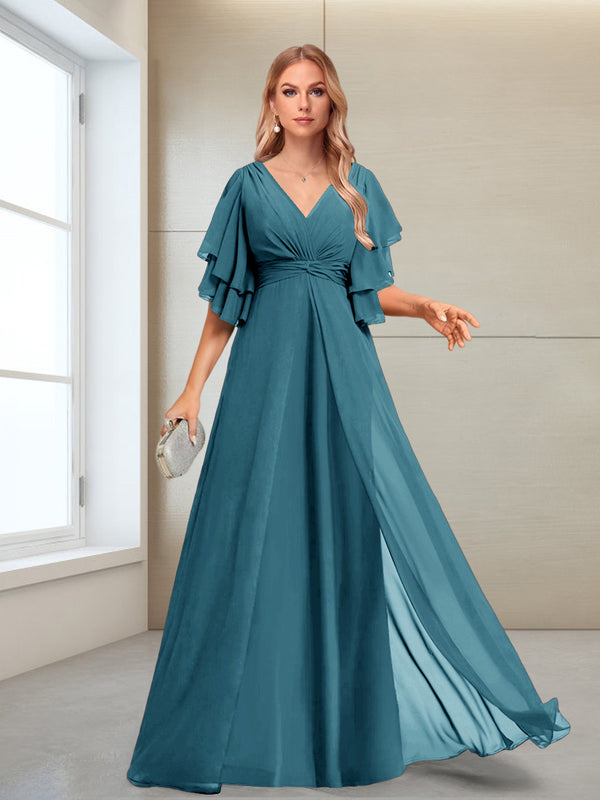 A-Line/Princess V-Neck Floor-Length Half Sleeves Mother of the Bride Dresses