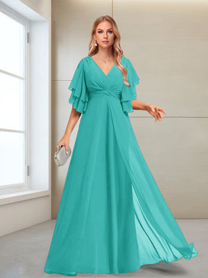 A-Line/Princess V-Neck Floor-Length Half Sleeves Mother of the Bride Dresses