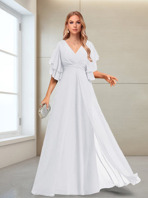 A-Line/Princess V-Neck Floor-Length Half Sleeves Mother of the Bride Dresses