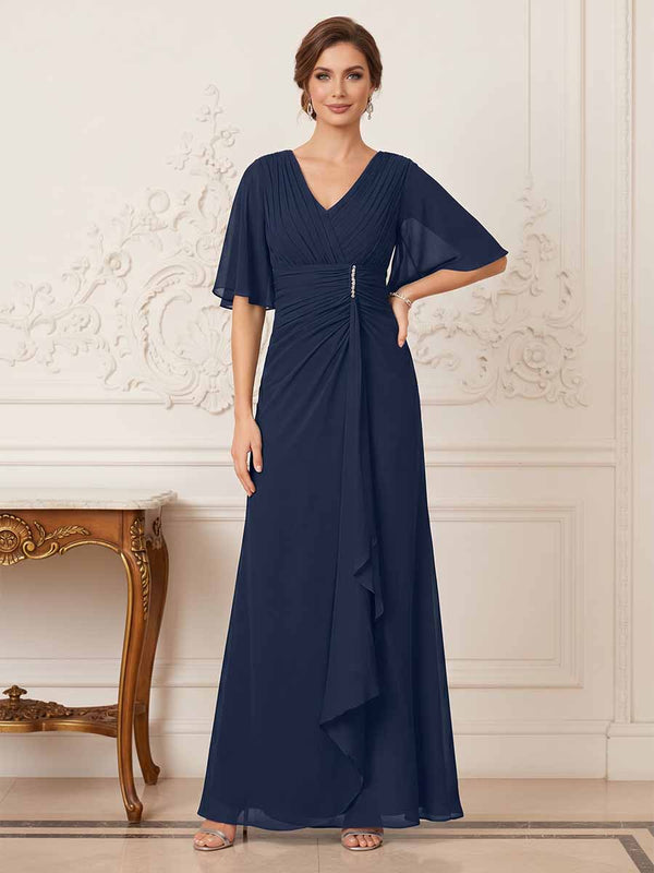 Sheath/Column V-Neck Half Sleeves Ruched Long Formal Evening Dresses with Ruffles