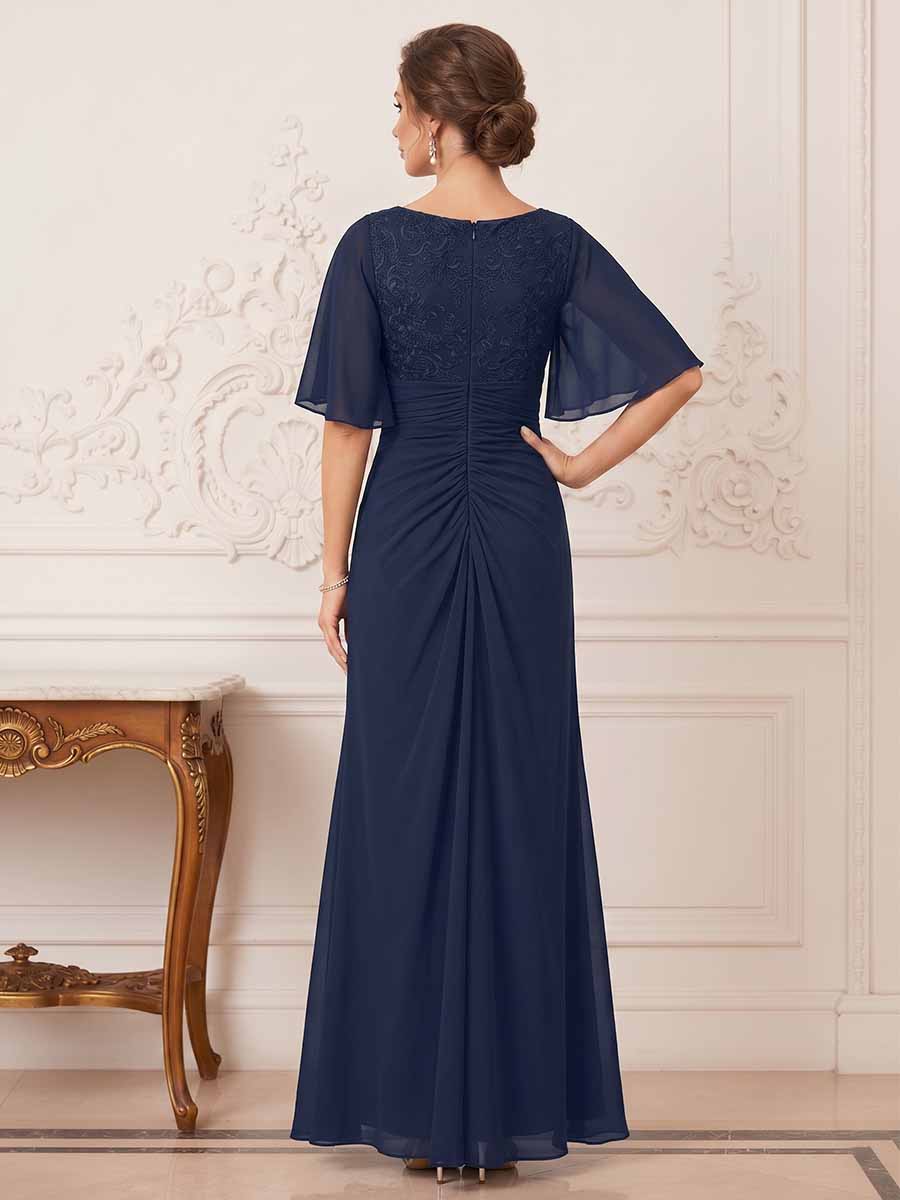 Sheath/Column V-Neck Half Sleeves Ruched Long Formal Evening Dresses with Ruffles