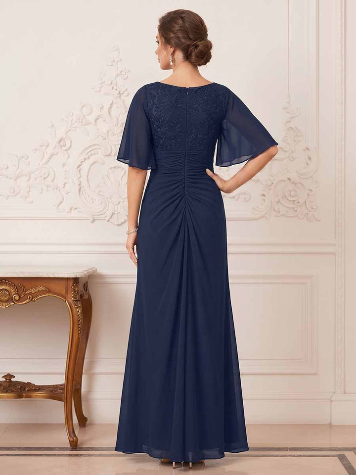 Sheath/Column V-Neck Half Sleeves Ruched Long Formal Evening Dresses with Ruffles