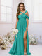 A-Line/Princess Criss Cross Floor-Length Chiffon Ruched Bridesmaid Dresses with Split Side