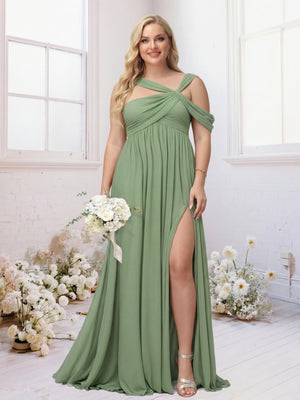 A-Line/Princess Criss Cross Floor-Length Chiffon Ruched Plus Size Bridesmaid Dresses with Split Side