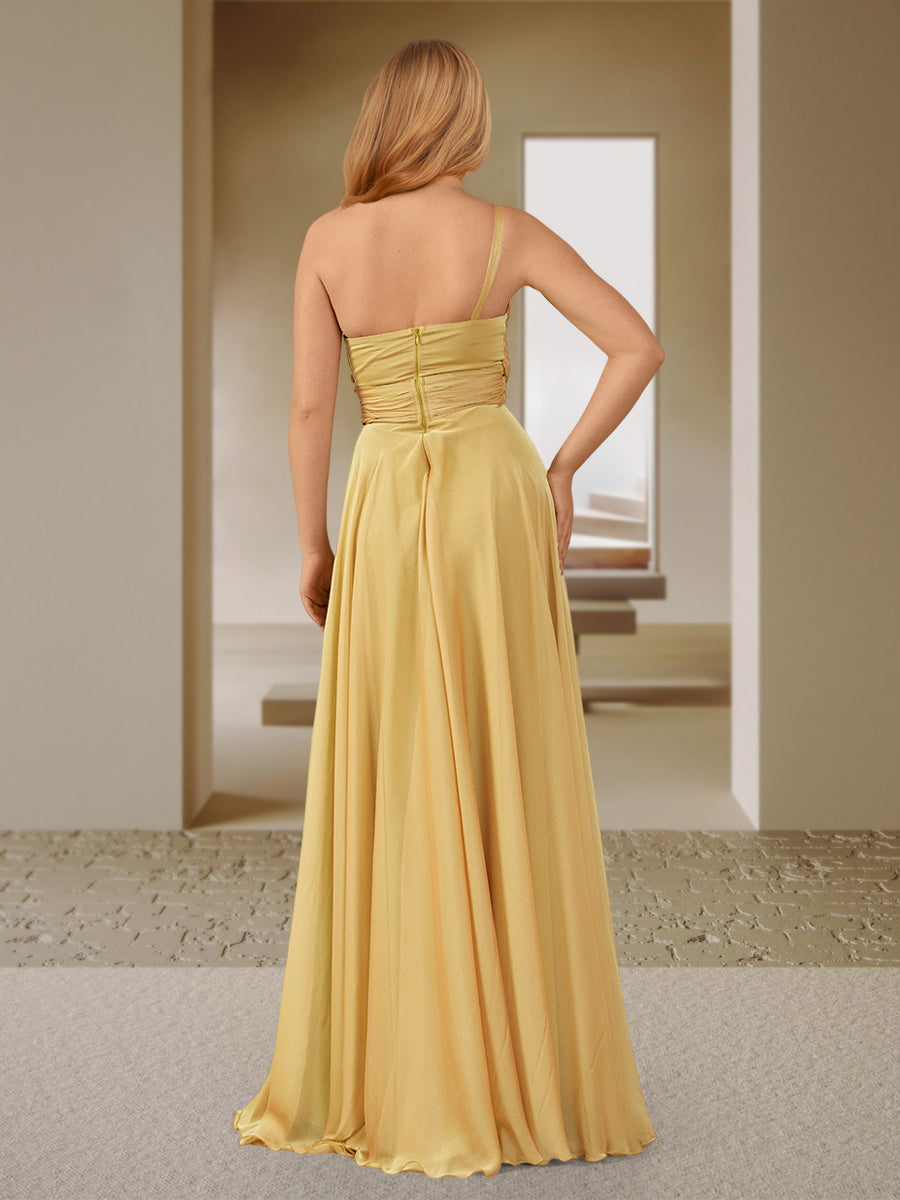 A-Line/Princess One-Shoulder Sleeveless Ruched Bridesmaid Dresses with Side Slit &amp; Ruffles