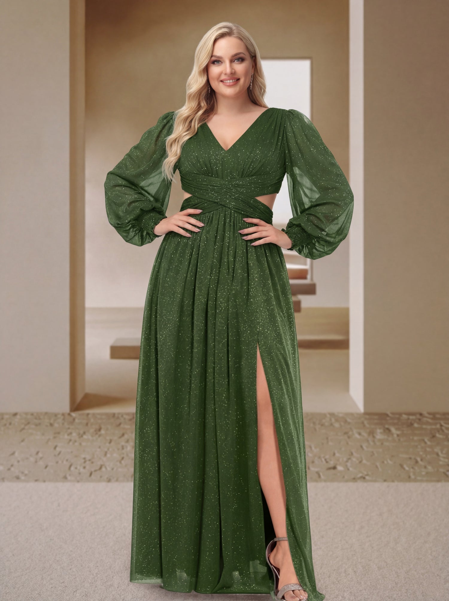 Sexy A-Line/Princess V-Neck Long Sleeves Floor-Length Plus Size Bridesmaid Dresses with Side Slit