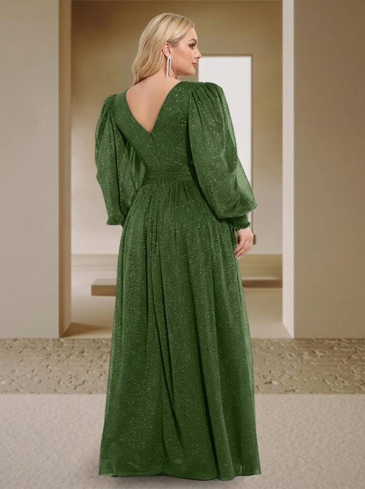 Sexy A-Line/Princess V-Neck Long Sleeves Floor-Length Plus Size Bridesmaid Dresses with Side Slit