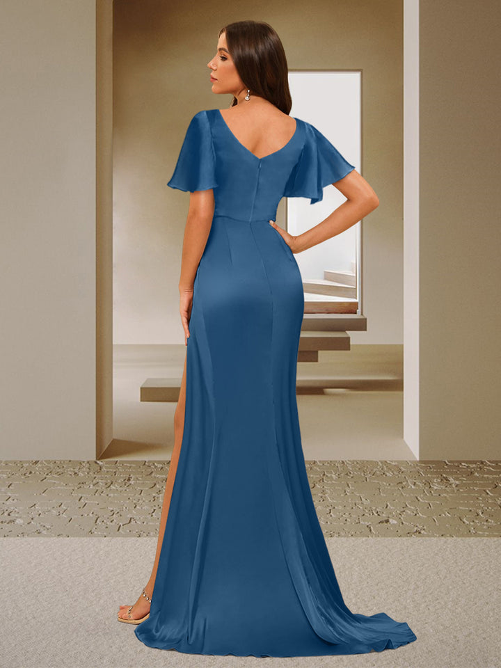 Trumpet/Mermaid V-Neck Short Sleeves Ruched Bridesmaid Dresses with Split Side &amp; Ruffles