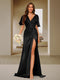 Trumpet/Mermaid V-Neck Short Sleeves Ruched Bridesmaid Dresses with Split Side & Ruffles