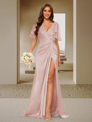 Trumpet/Mermaid V-Neck Short Sleeves Ruched Bridesmaid Dresses with Split Side & Ruffles