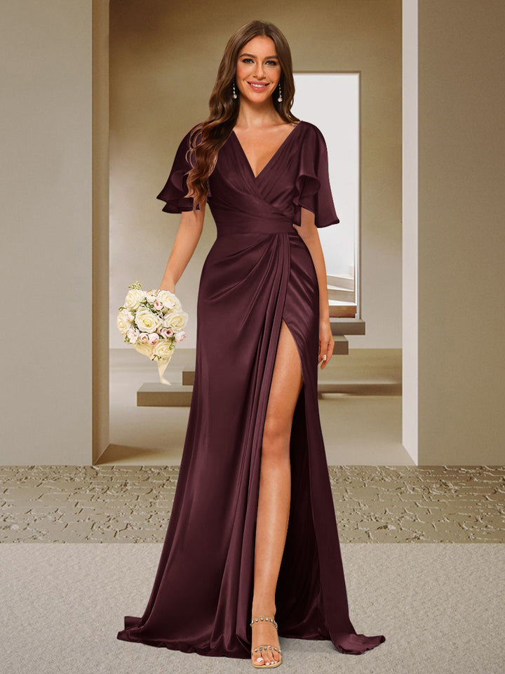Trumpet/Mermaid V-Neck Short Sleeves Ruched Bridesmaid Dresses with Split Side &amp; Ruffles