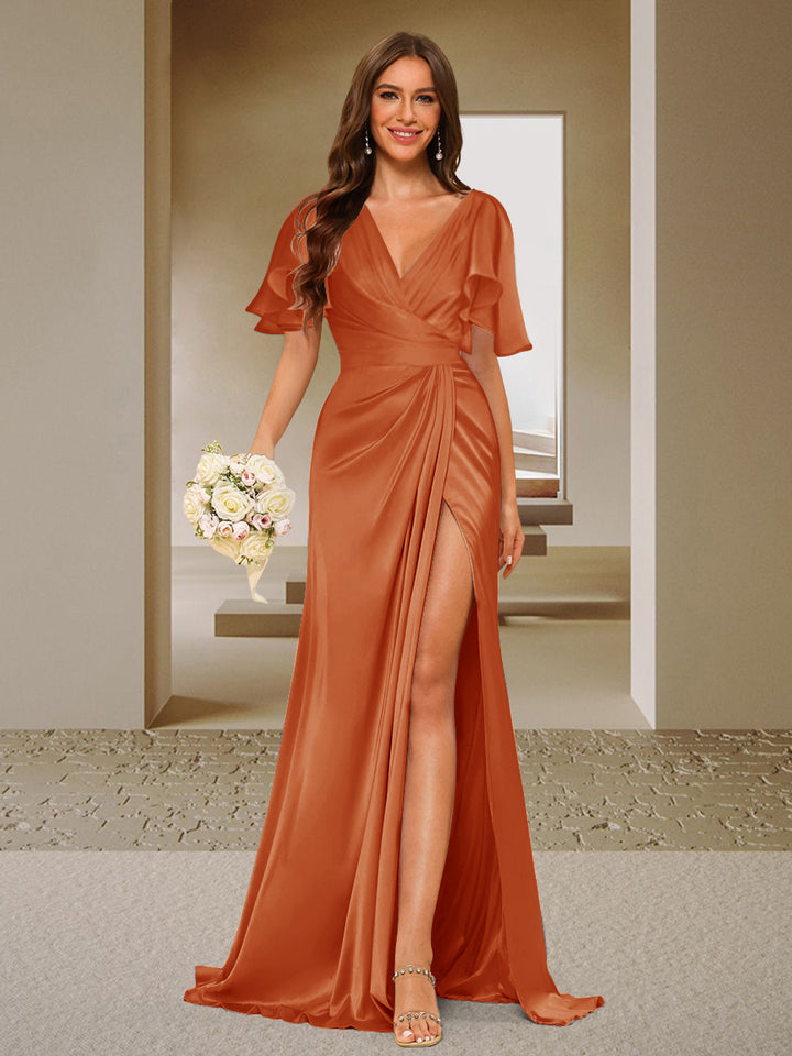 Trumpet/Mermaid V-Neck Short Sleeves Ruched Bridesmaid Dresses with Split Side &amp; Ruffles