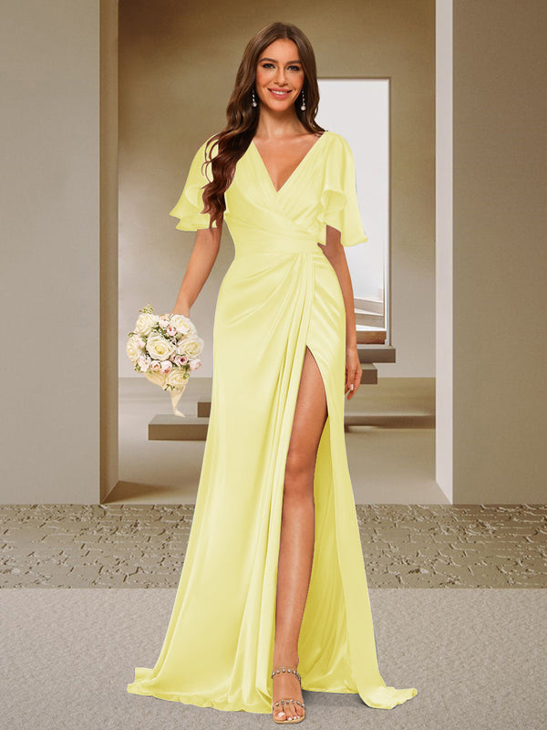 Trumpet/Mermaid V-Neck Short Sleeves Ruched Bridesmaid Dresses with Split Side & Ruffles