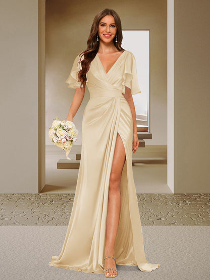 Trumpet/Mermaid V-Neck Short Sleeves Ruched Bridesmaid Dresses with Split Side & Ruffles