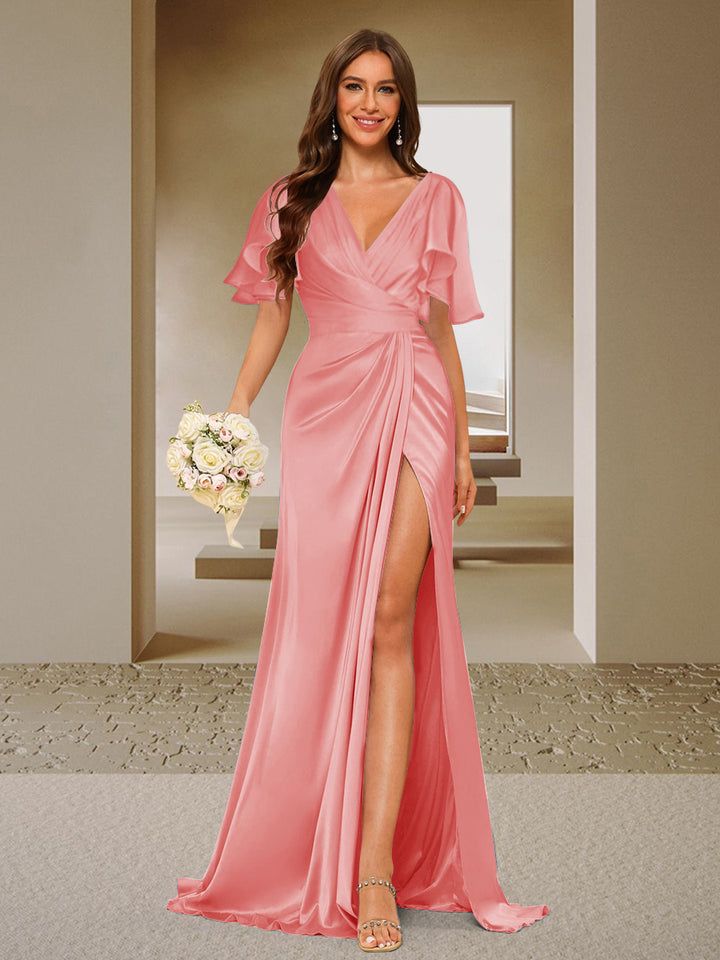 Trumpet/Mermaid V-Neck Short Sleeves Ruched Bridesmaid Dresses with Split Side &amp; Ruffles