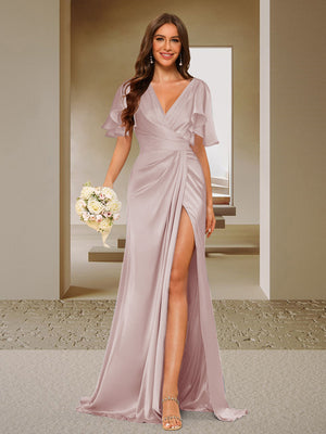 Trumpet/Mermaid V-Neck Short Sleeves Ruched Bridesmaid Dresses with Split Side & Ruffles