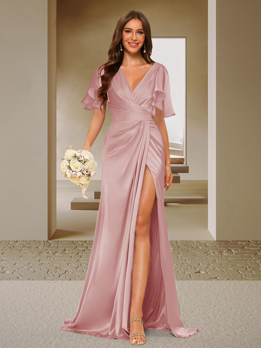 Trumpet/Mermaid V-Neck Short Sleeves Ruched Bridesmaid Dresses with Split Side &amp; Ruffles