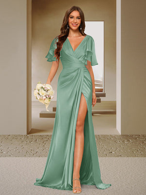 Trumpet/Mermaid V-Neck Short Sleeves Ruched Bridesmaid Dresses with Split Side & Ruffles