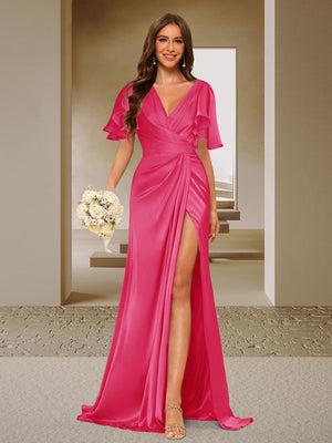 Trumpet/Mermaid V-Neck Short Sleeves Ruched Bridesmaid Dresses with Split Side & Ruffles