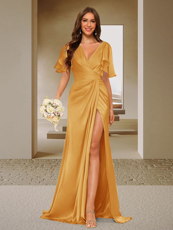 Trumpet/Mermaid V-Neck Short Sleeves Ruched Bridesmaid Dresses with Split Side & Ruffles